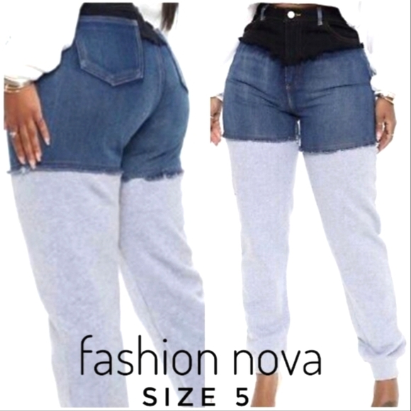 FashionNova Denim & Gray Colorblock Joggers - Picture 2 of 8